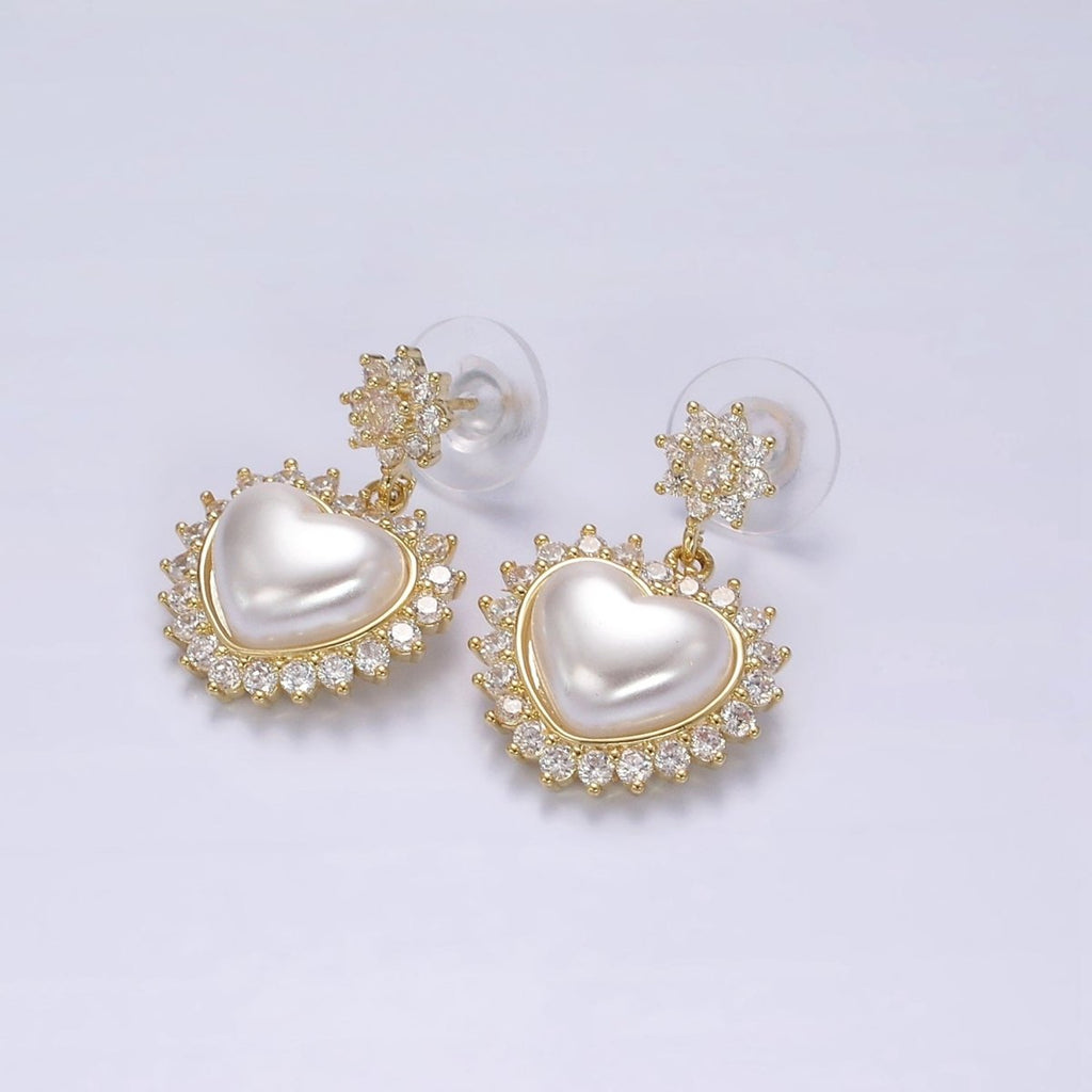 14K Gold plated Flower CZ Heart Shell Pearl Drop Stud Earrings in Gold & Silver | AE317 AE318 - DLUXCA