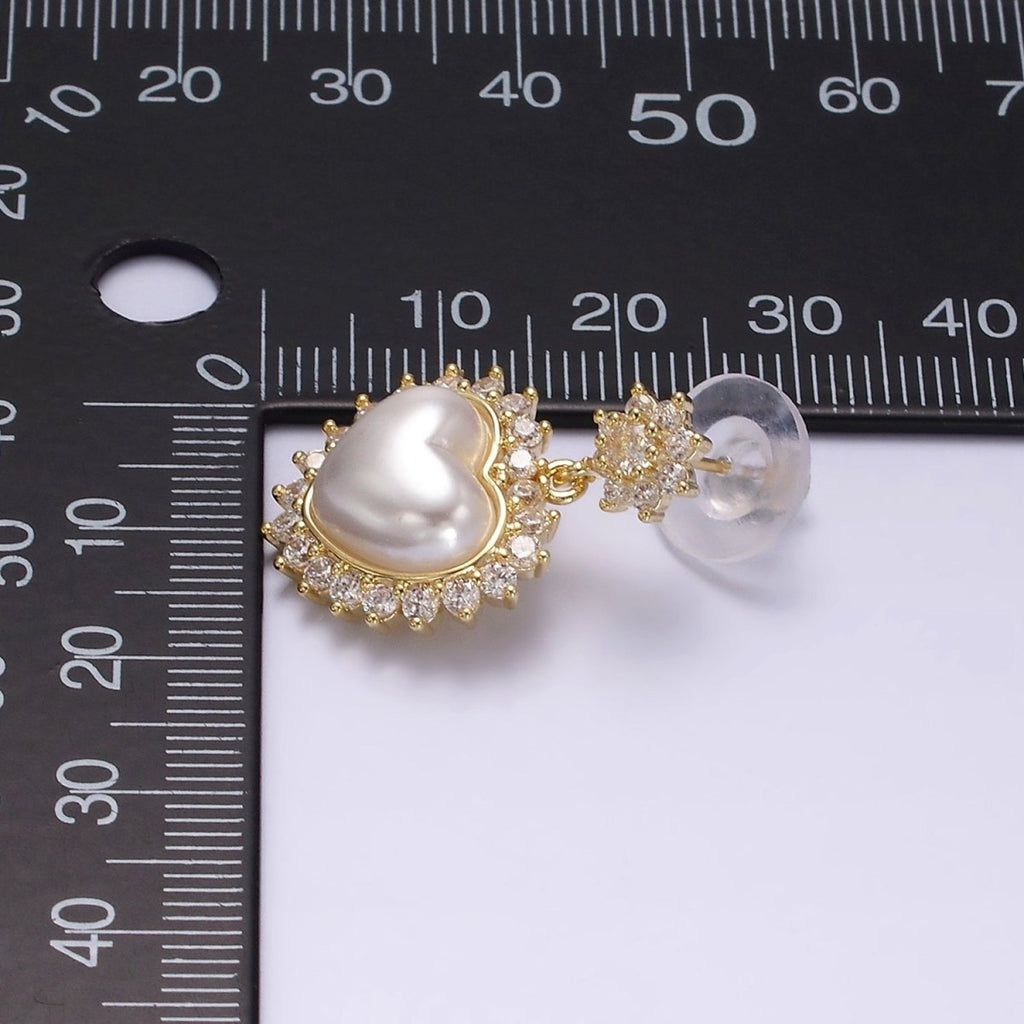 14K Gold plated Flower CZ Heart Shell Pearl Drop Stud Earrings in Gold & Silver | AE317 AE318 - DLUXCA