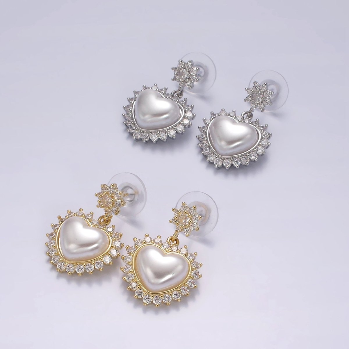 14K Gold plated Flower CZ Heart Shell Pearl Drop Stud Earrings in Gold & Silver | AE317 AE318 - DLUXCA