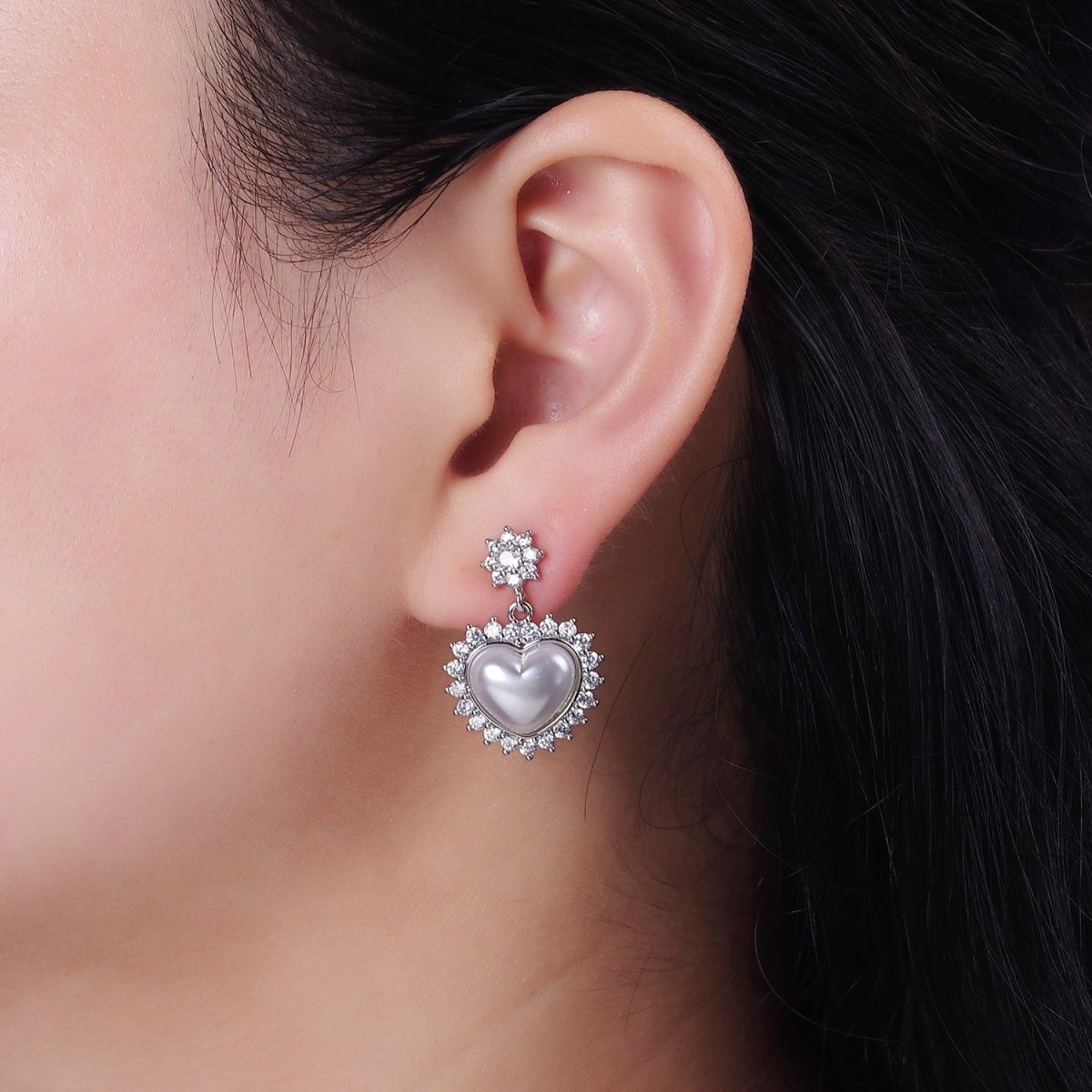 14K Gold plated Flower CZ Heart Shell Pearl Drop Stud Earrings in Gold & Silver | AE317 AE318 - DLUXCA