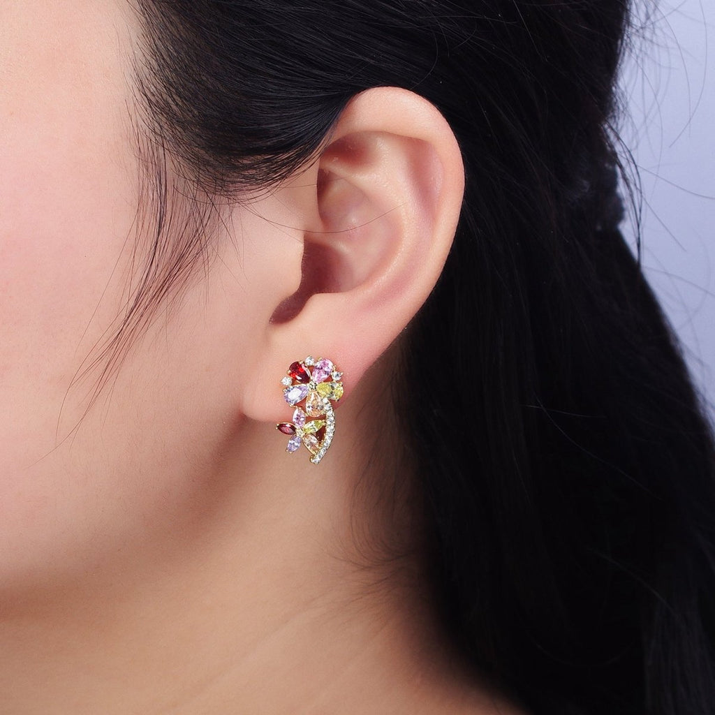 14K Gold plated Flower CZ Multicolor Teardrop Marquise Micro Paved English Lock Hoop Earrings | AD1437 - DLUXCA