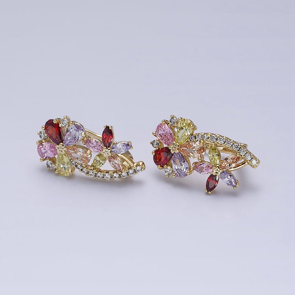 14K Gold plated Flower CZ Multicolor Teardrop Marquise Micro Paved English Lock Hoop Earrings | AD1437 - DLUXCA