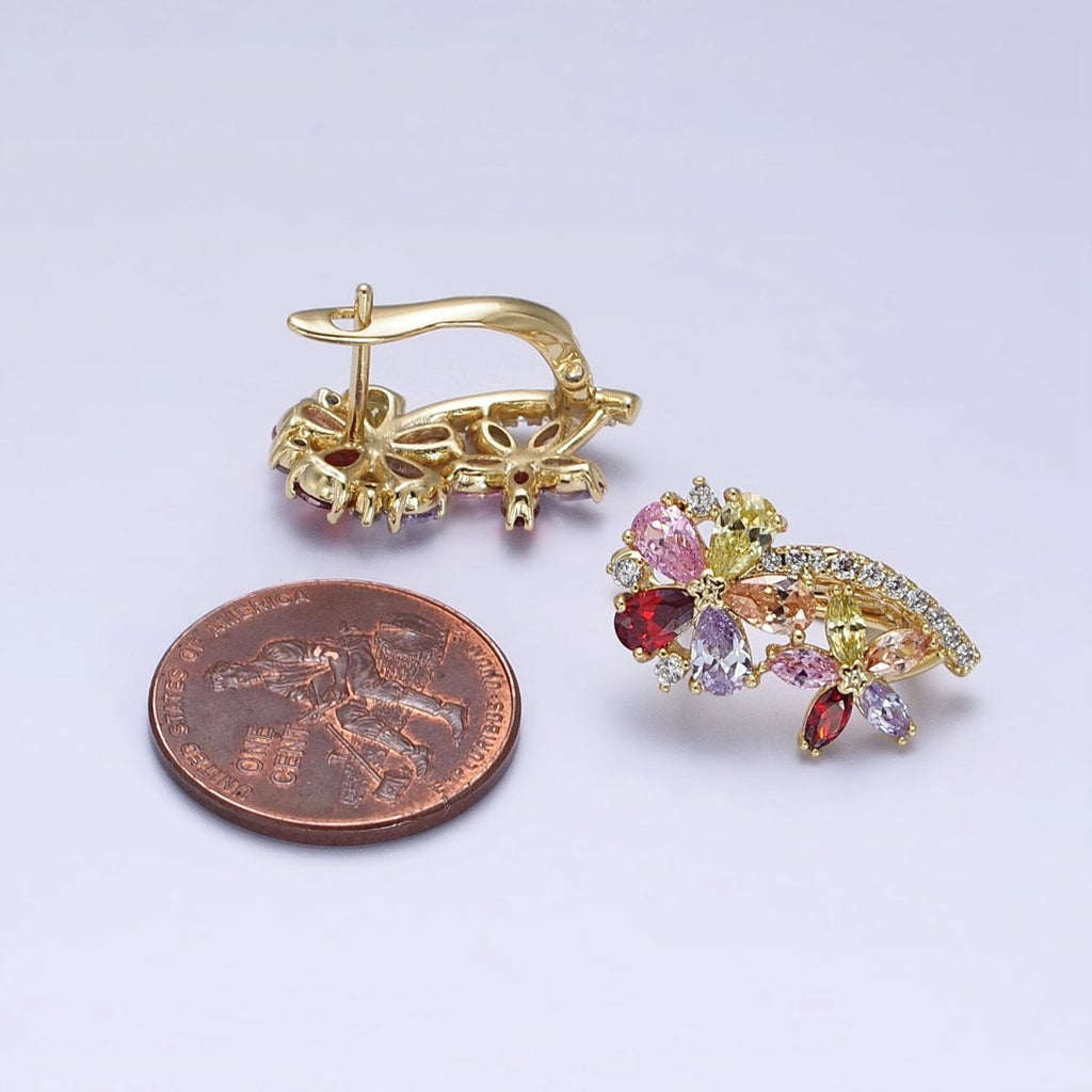 14K Gold plated Flower CZ Multicolor Teardrop Marquise Micro Paved English Lock Hoop Earrings | AD1437 - DLUXCA