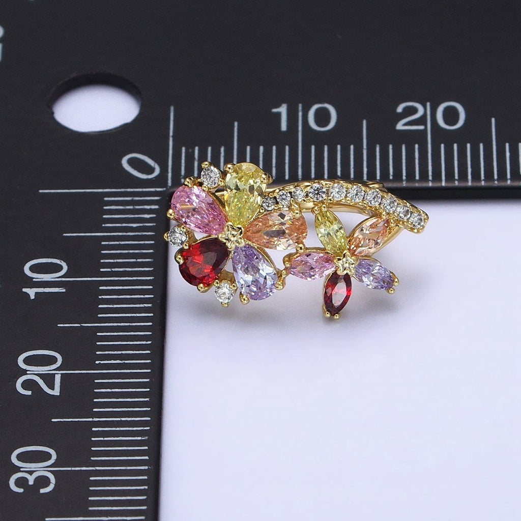 14K Gold plated Flower CZ Multicolor Teardrop Marquise Micro Paved English Lock Hoop Earrings | AD1437 - DLUXCA