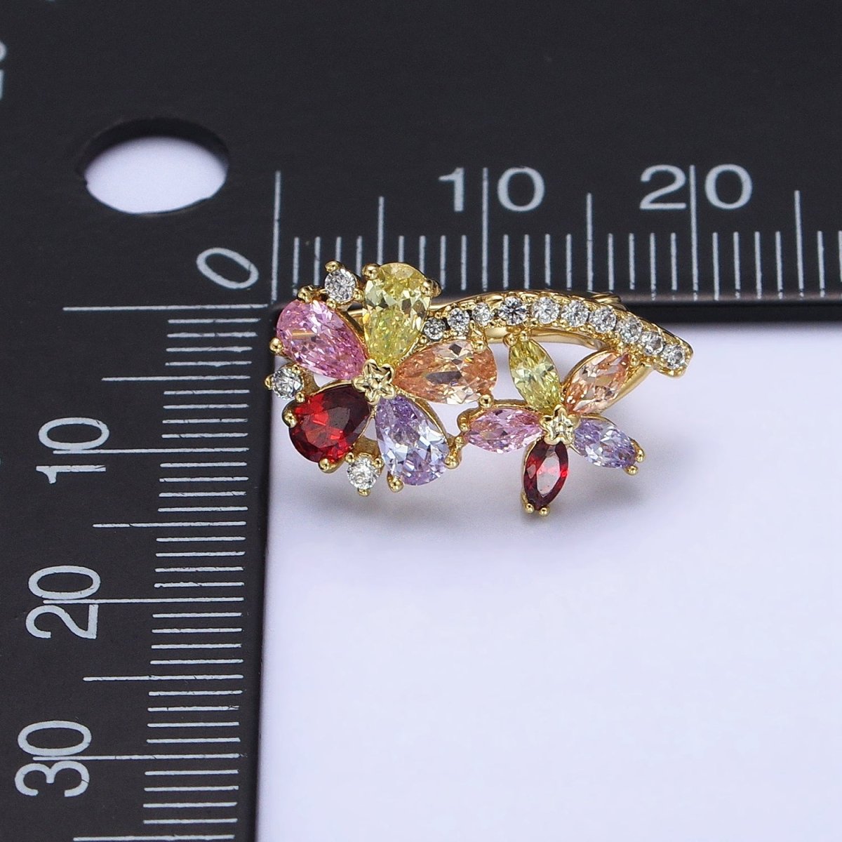 14K Gold plated Flower CZ Multicolor Teardrop Marquise Micro Paved English Lock Hoop Earrings | AD1437 - DLUXCA