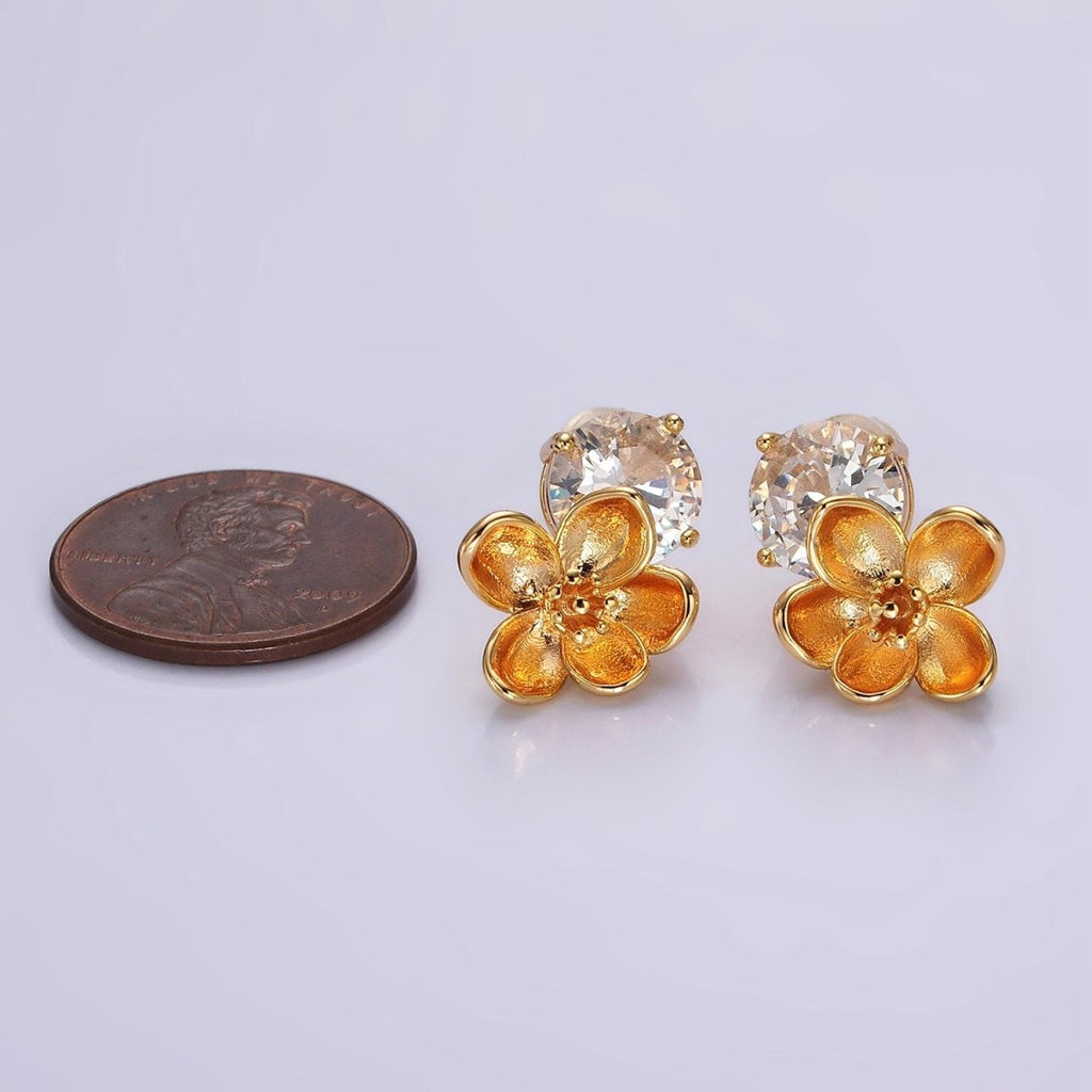 14K Gold plated Flower Drop Clear CZ Round Stud Earrings Set | AE970 - DLUXCA