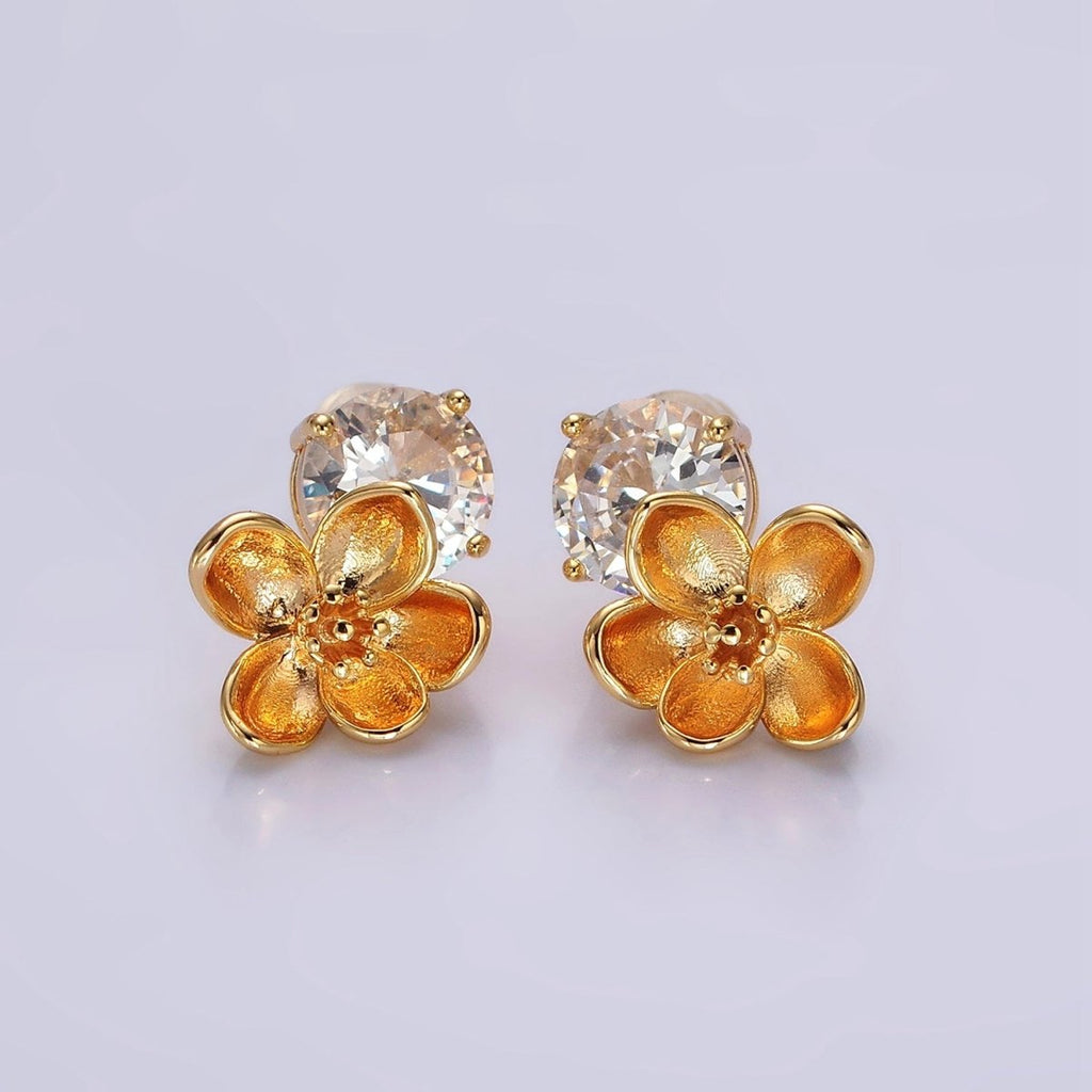 14K Gold plated Flower Drop Clear CZ Round Stud Earrings Set | AE970 - DLUXCA