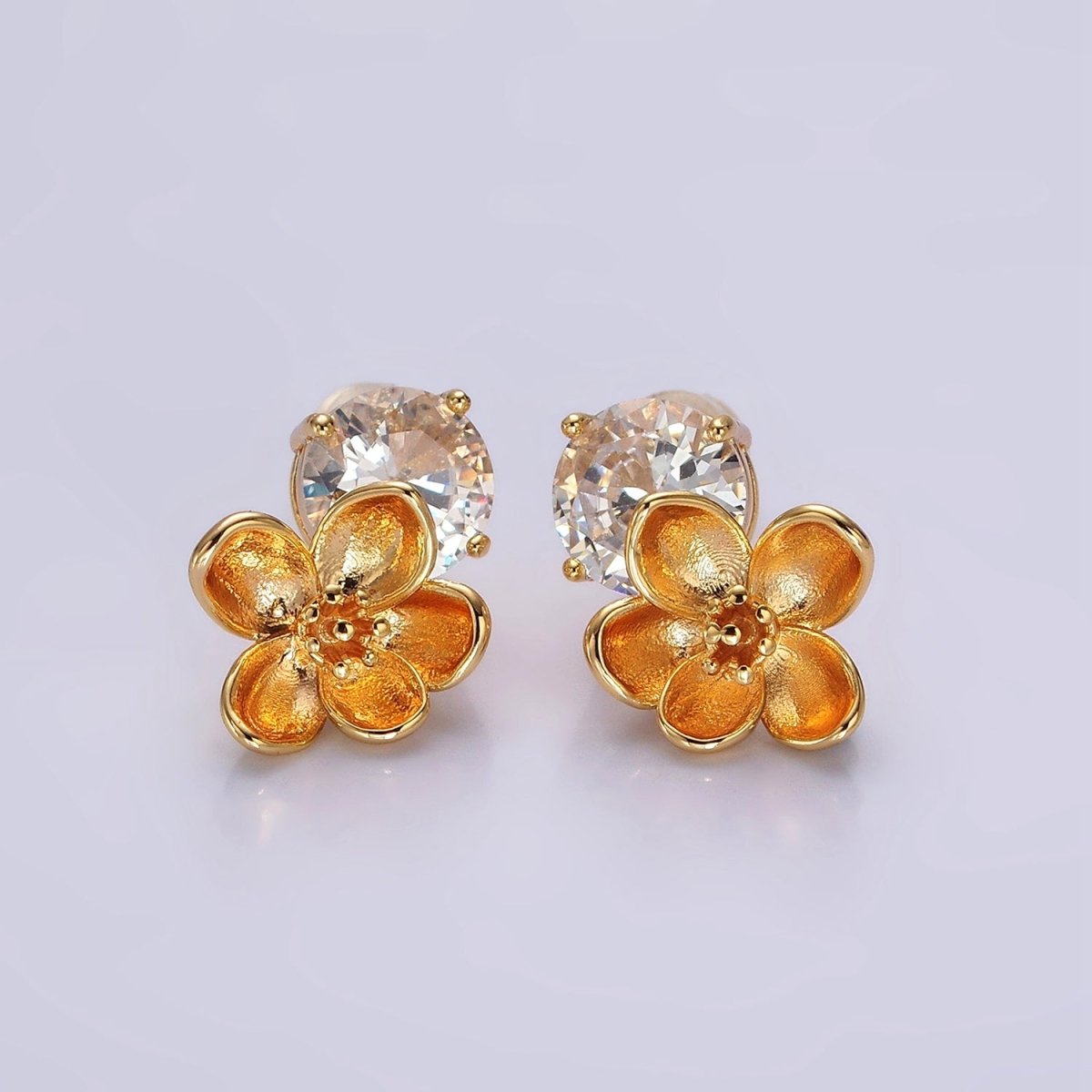 14K Gold plated Flower Drop Clear CZ Round Stud Earrings Set | AE970 - DLUXCA