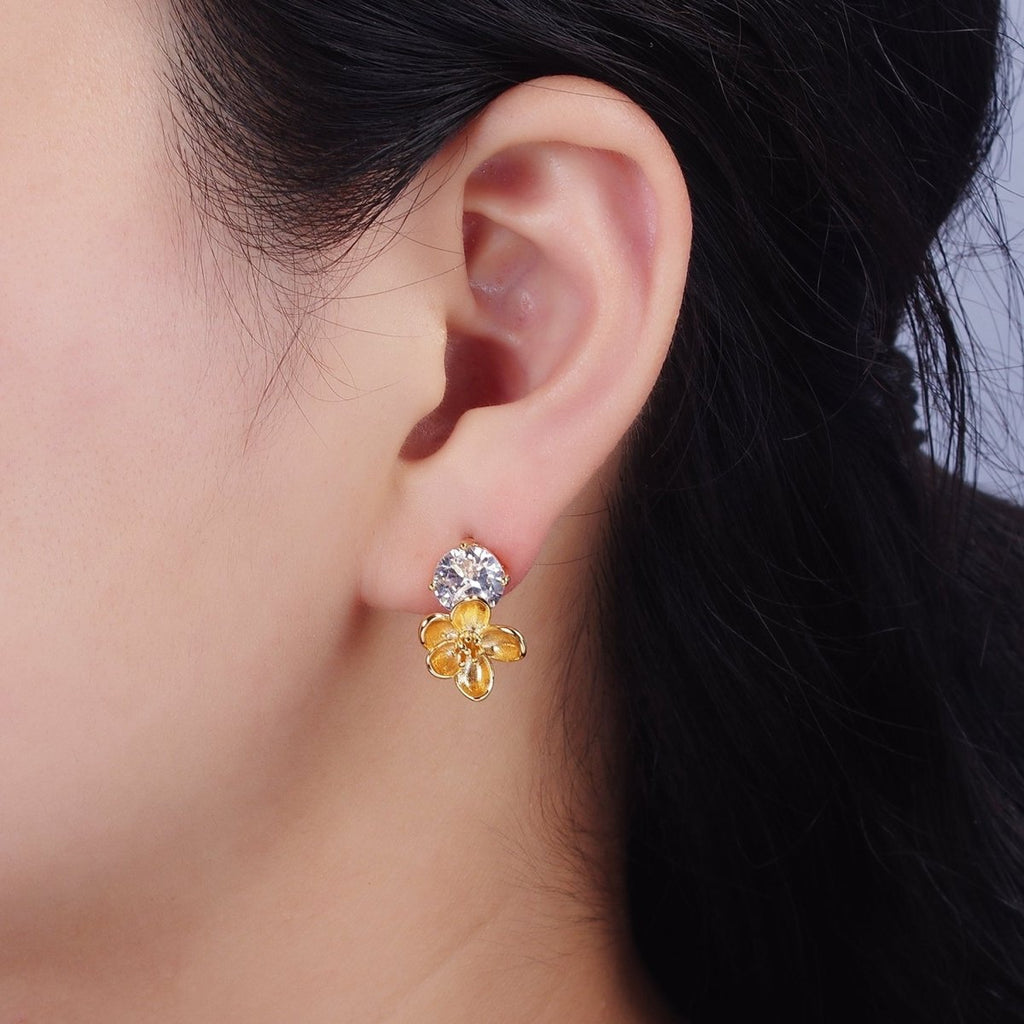 14K Gold plated Flower Drop Clear CZ Round Stud Earrings Set | AE970 - DLUXCA