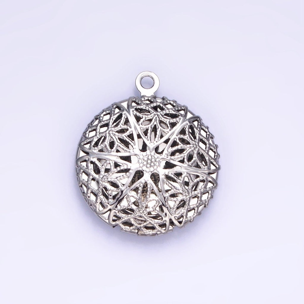 14K Gold plated Flower Filigree Round Locket Charm in Gold & Silver | H242