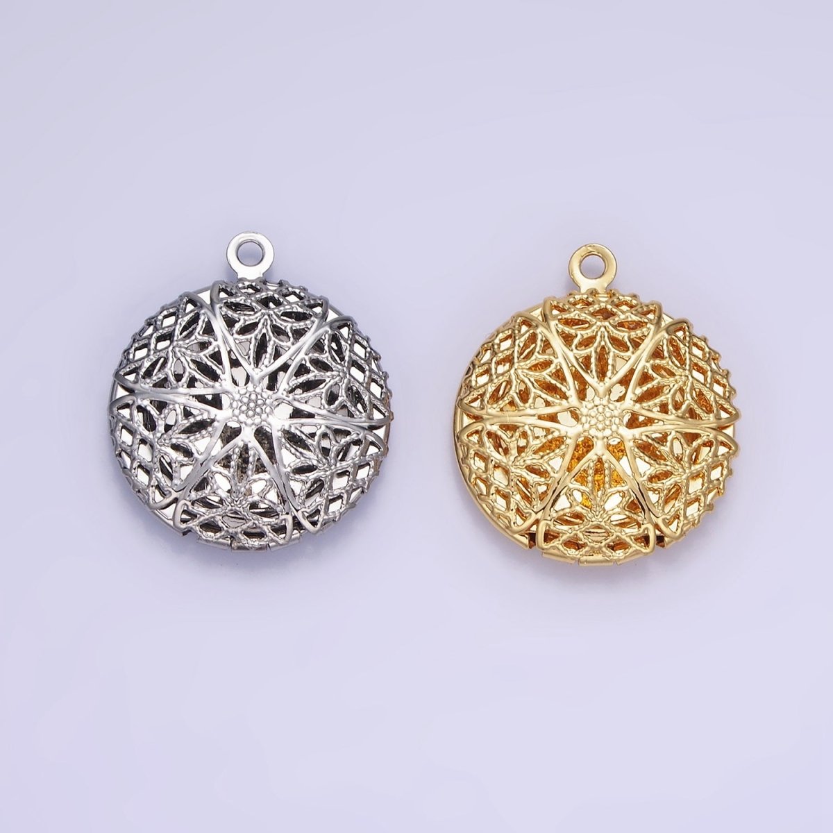 14K Gold plated Flower Filigree Round Locket Charm in Gold & Silver | H242