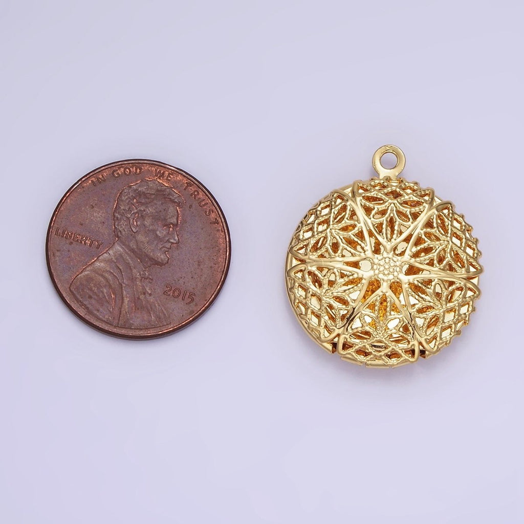 14K Gold plated Flower Filigree Round Locket Charm in Gold & Silver | H242