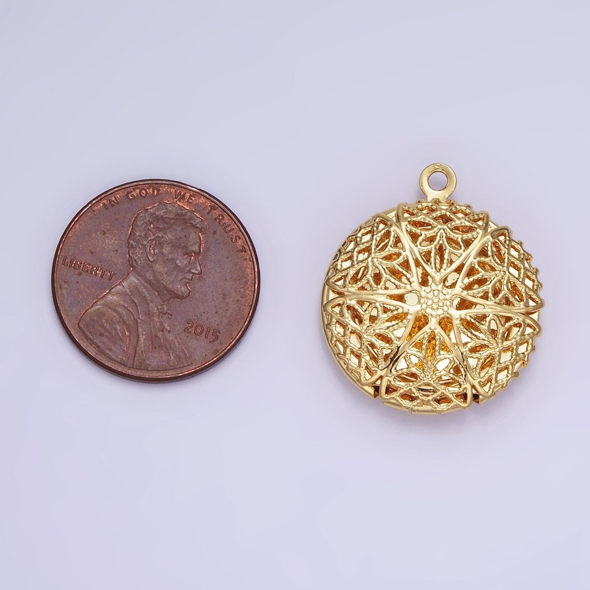14K Gold plated Flower Filigree Round Locket Charm in Gold & Silver | H242