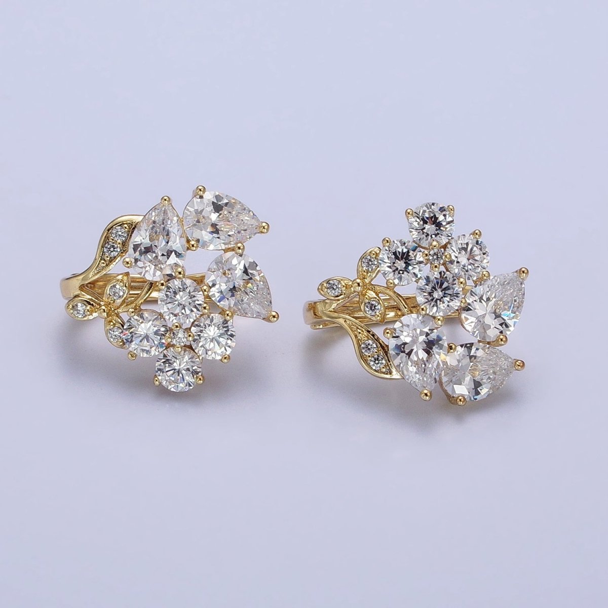 14K Gold plated Flower Leaf Clear, Black CZ Teardrop Quatrefoil Micro Paved Huggie Earrings | AD1433 AD1434
