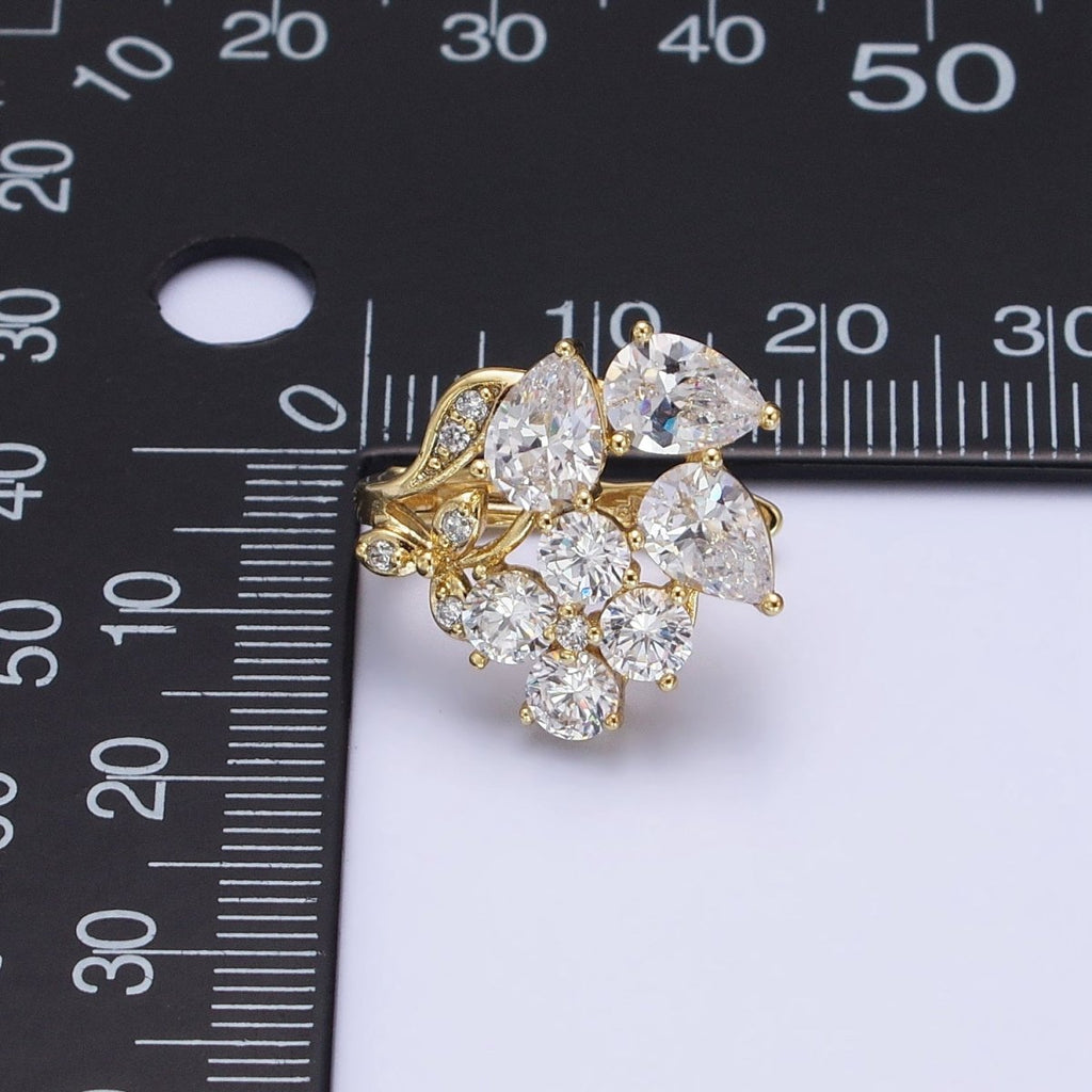 14K Gold plated Flower Leaf Clear, Black CZ Teardrop Quatrefoil Micro Paved Huggie Earrings | AD1433 AD1434