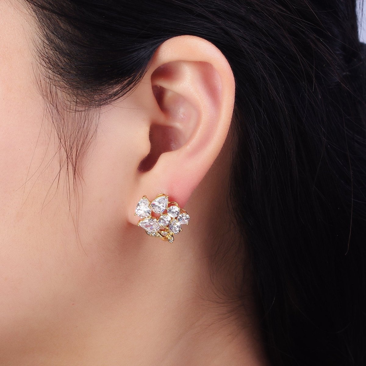 14K Gold plated Flower Leaf Clear, Black CZ Teardrop Quatrefoil Micro Paved Huggie Earrings | AD1433 AD1434