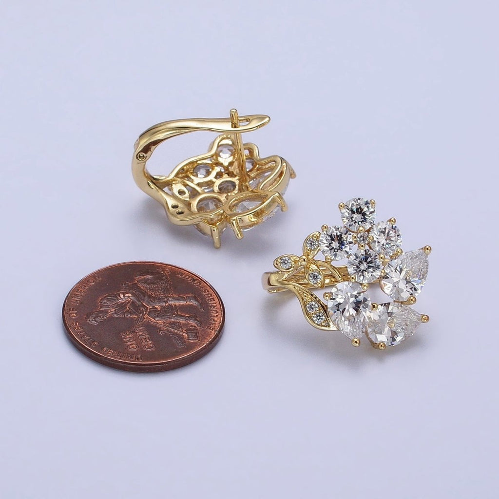 14K Gold plated Flower Leaf Clear, Black CZ Teardrop Quatrefoil Micro Paved Huggie Earrings | AD1433 AD1434