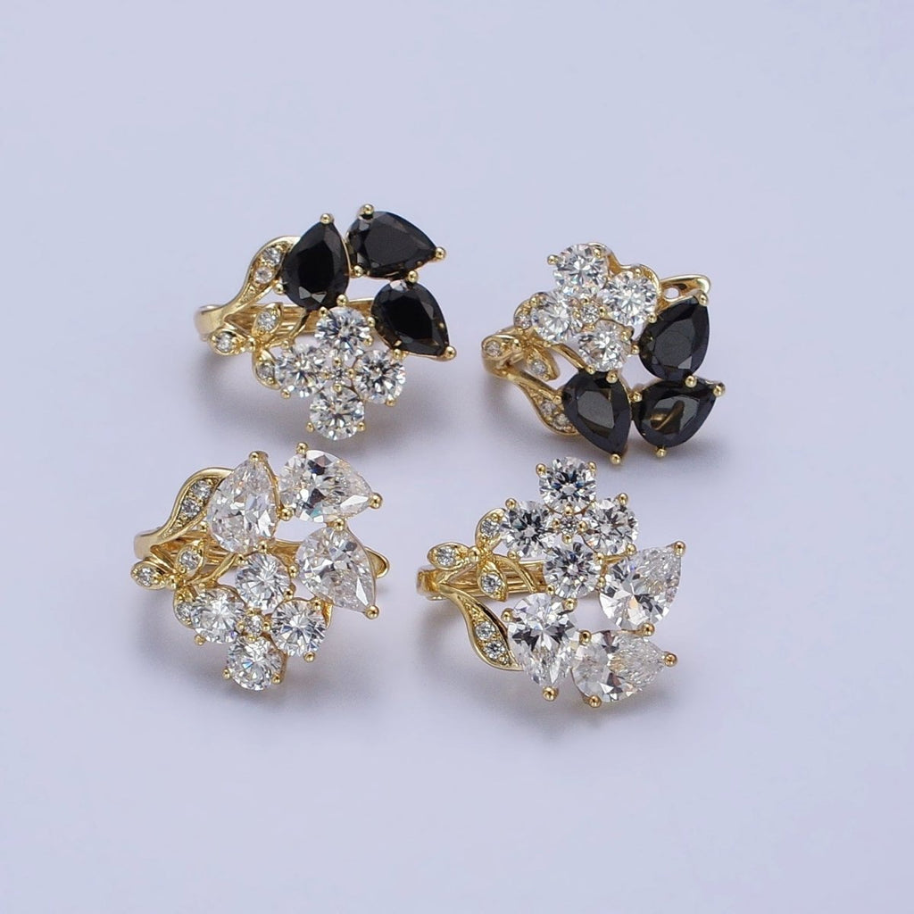 14K Gold plated Flower Leaf Clear, Black CZ Teardrop Quatrefoil Micro Paved Huggie Earrings | AD1433 AD1434