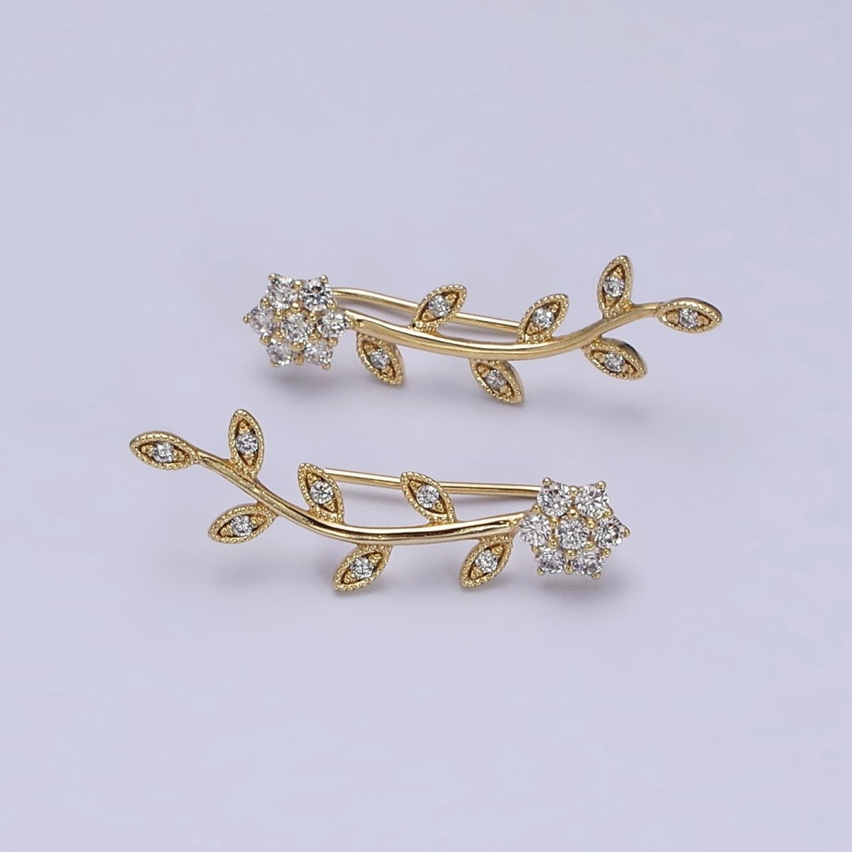 14K Gold plated Flower Leaves Clear CZ Ear Climber in Gold & Silver | AD1430 AD1431