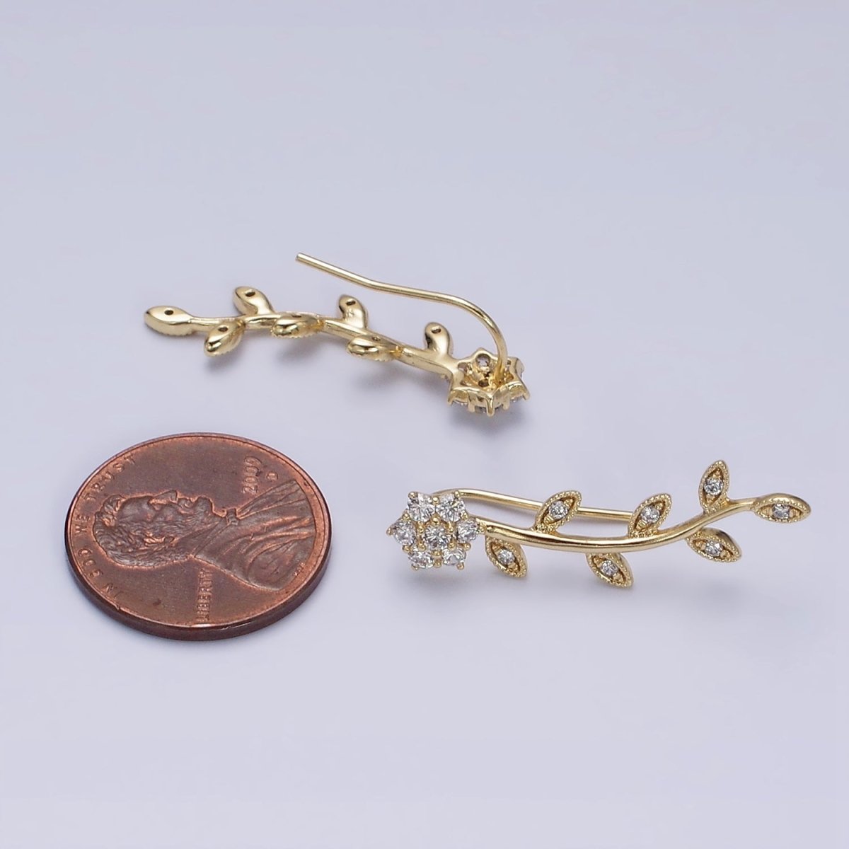 14K Gold plated Flower Leaves Clear CZ Ear Climber in Gold & Silver | AD1430 AD1431