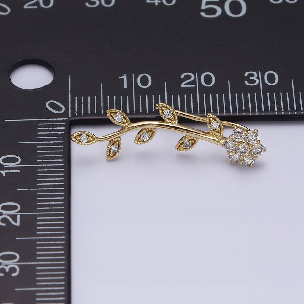 14K Gold plated Flower Leaves Clear CZ Ear Climber in Gold & Silver | AD1430 AD1431