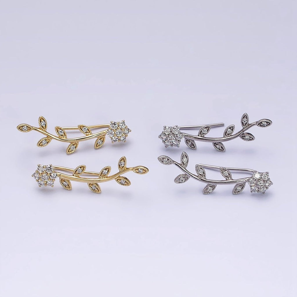 14K Gold plated Flower Leaves Clear CZ Ear Climber in Gold & Silver | AD1430 AD1431