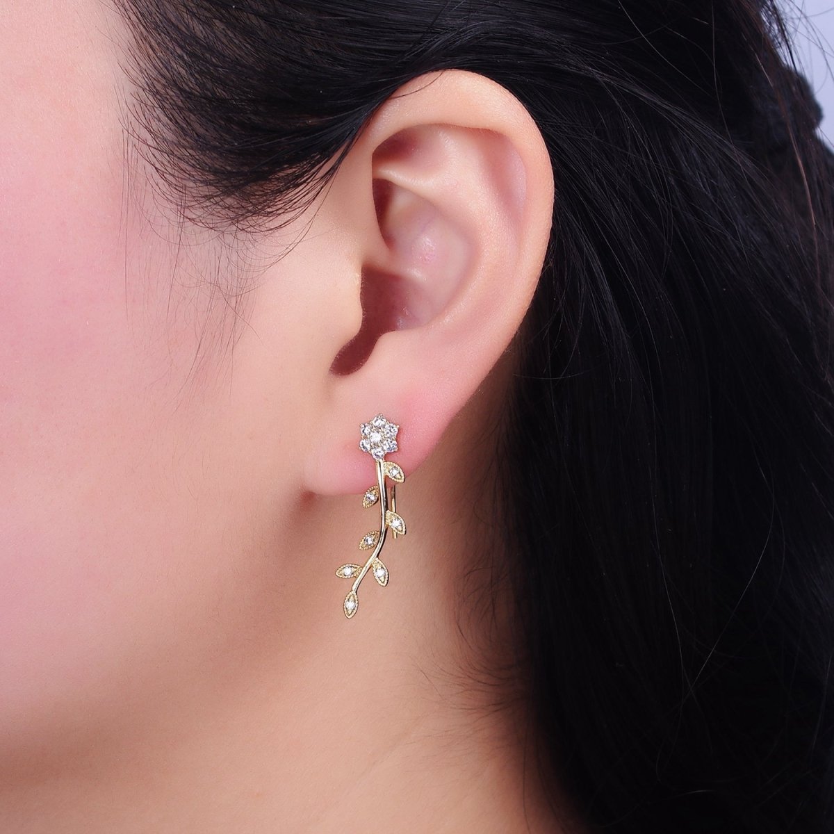 14K Gold plated Flower Leaves Clear CZ Ear Climber in Gold & Silver | AD1430 AD1431