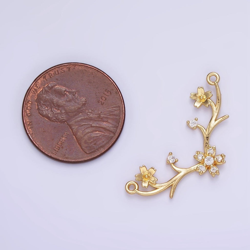14K Gold plated Flower Nature Branch CZ Curved Connector in Gold & Silver | G282