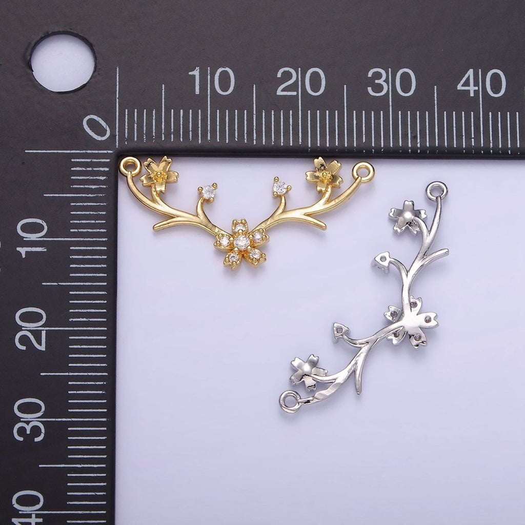14K Gold plated Flower Nature Branch CZ Curved Connector in Gold & Silver | G282
