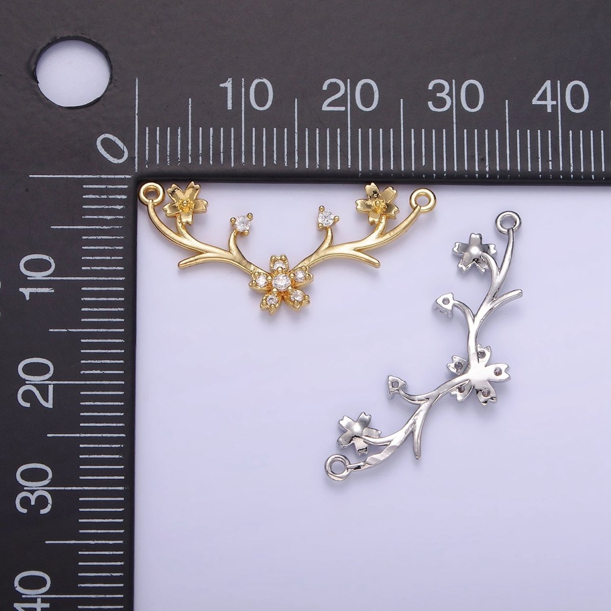 14K Gold plated Flower Nature Branch CZ Curved Connector in Gold & Silver | G282