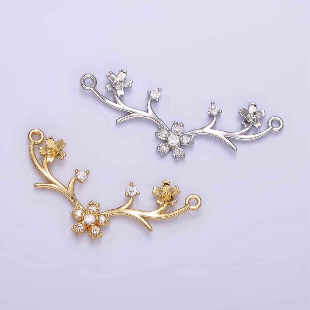 14K Gold plated Flower Nature Branch CZ Curved Connector in Gold & Silver | G282