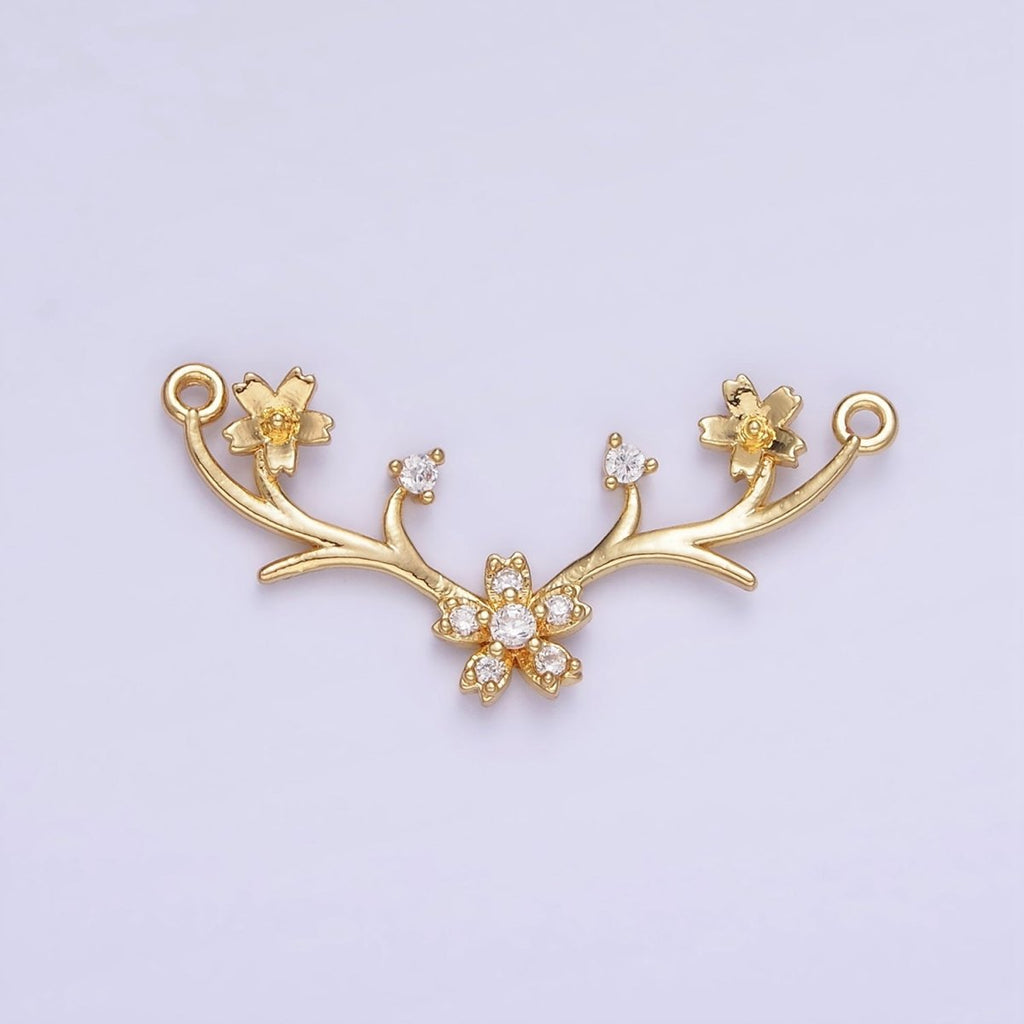 14K Gold plated Flower Nature Branch CZ Curved Connector in Gold & Silver | G282