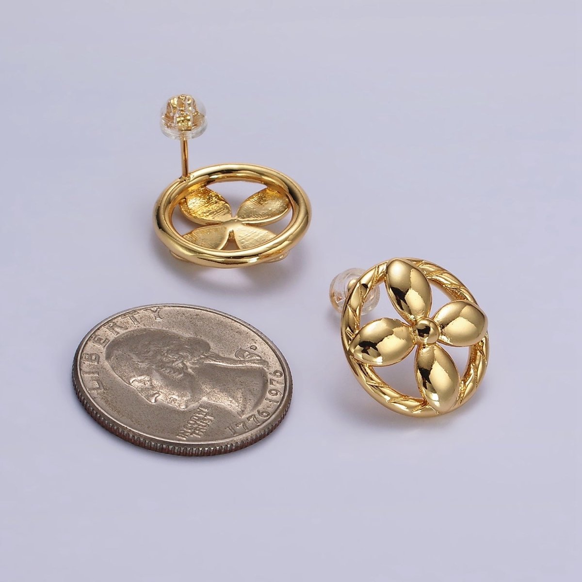 14K Gold plated Flower Nature Open Lined Braided Round Stud Earrings | AE1004 - DLUXCA