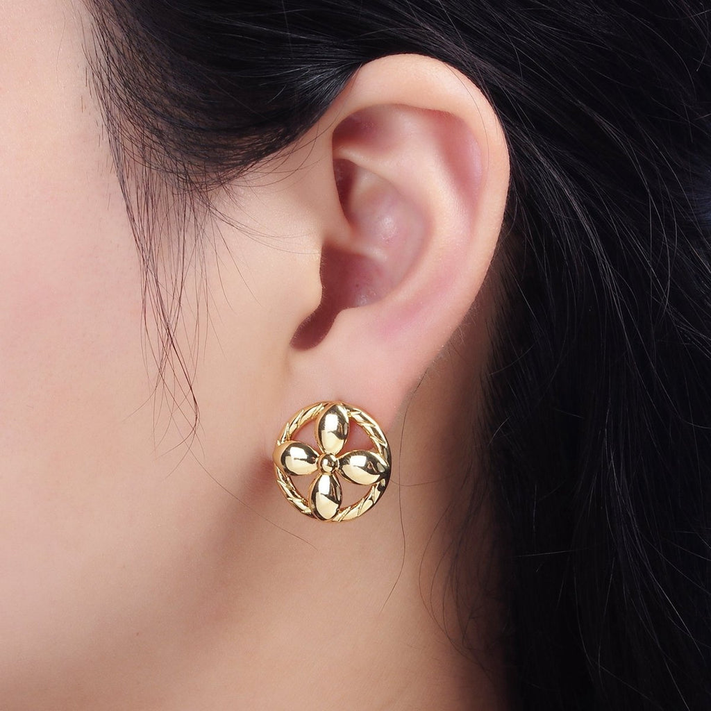 14K Gold plated Flower Nature Open Lined Braided Round Stud Earrings | AE1004 - DLUXCA