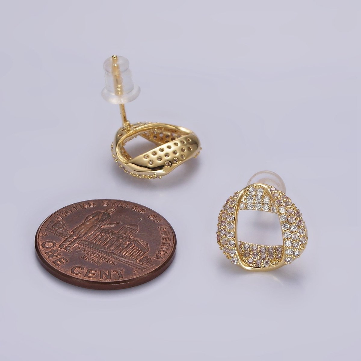 14K Gold plated Folded Micro Paved CZ Geometric Open Stud Earrings in Gold & Silver | V310