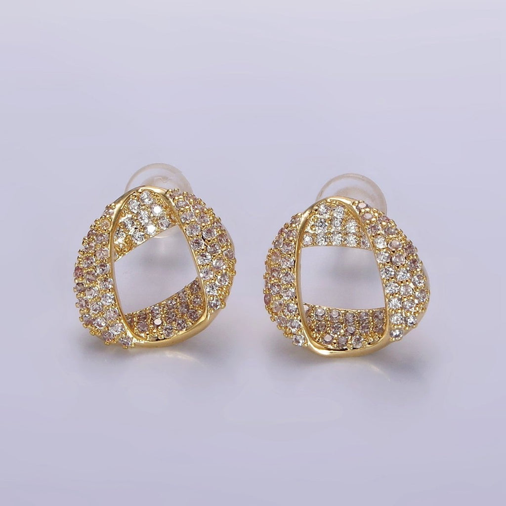 14K Gold plated Folded Micro Paved CZ Geometric Open Stud Earrings in Gold & Silver | V310