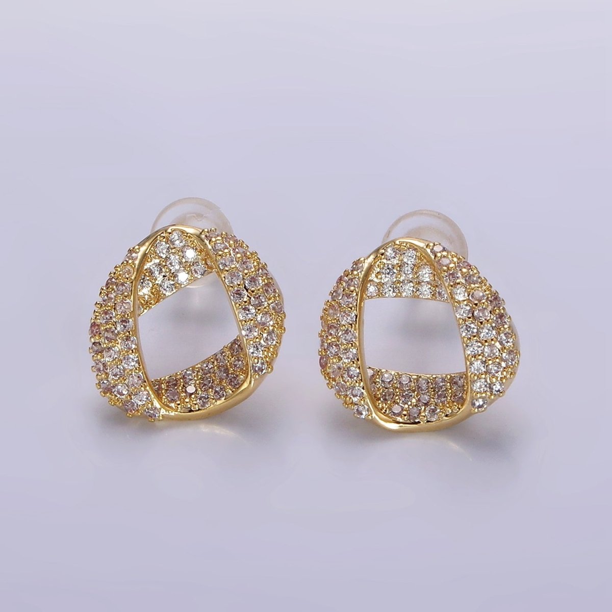 14K Gold plated Folded Micro Paved CZ Geometric Open Stud Earrings in Gold & Silver | V310