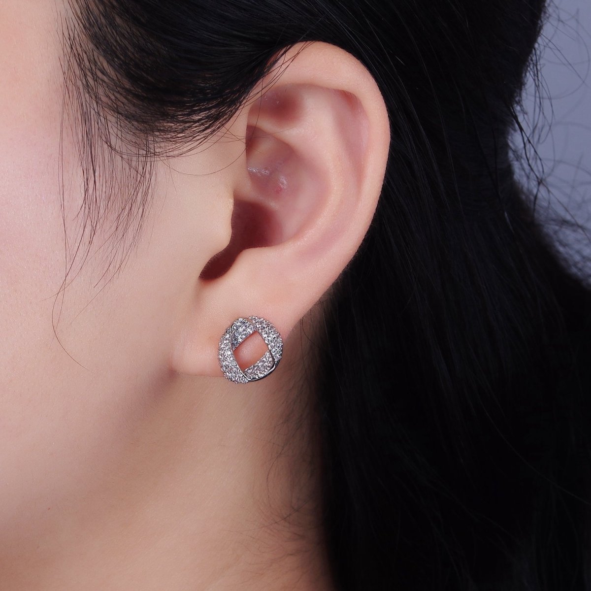 14K Gold plated Folded Micro Paved CZ Geometric Open Stud Earrings in Gold & Silver | V310