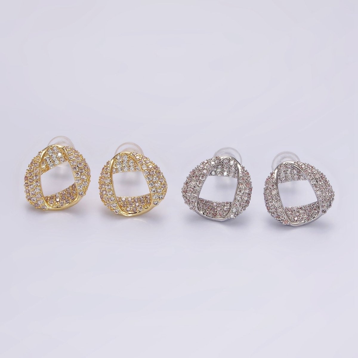14K Gold plated Folded Micro Paved CZ Geometric Open Stud Earrings in Gold & Silver | V310