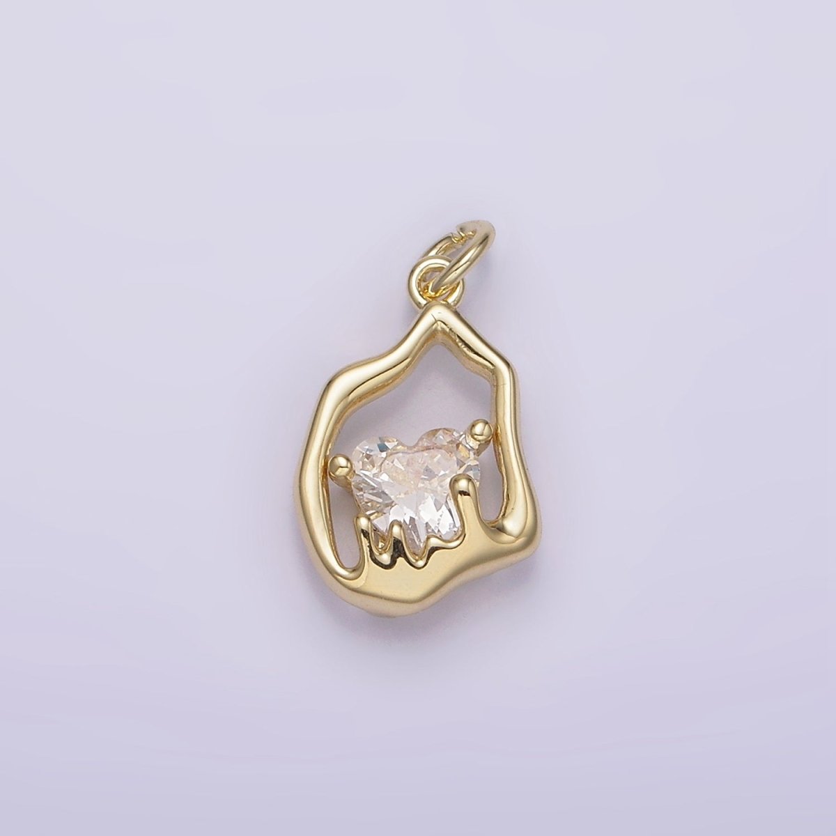 14K Gold plated Frame Clear Heart CZ Melt Molten Drip Abstract Oval Charm | AG-222 - DLUXCA