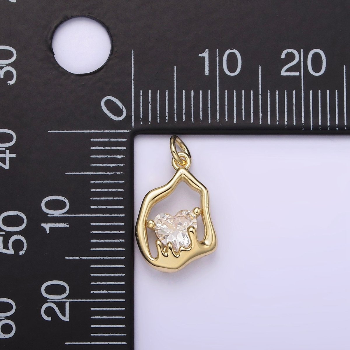 14K Gold plated Frame Clear Heart CZ Melt Molten Drip Abstract Oval Charm | AG-222 - DLUXCA