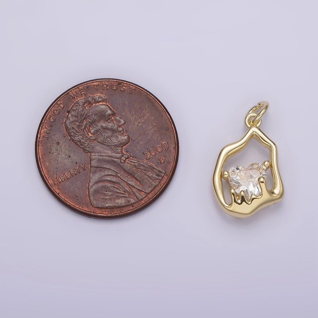 14K Gold plated Frame Clear Heart CZ Melt Molten Drip Abstract Oval Charm | AG-222 - DLUXCA