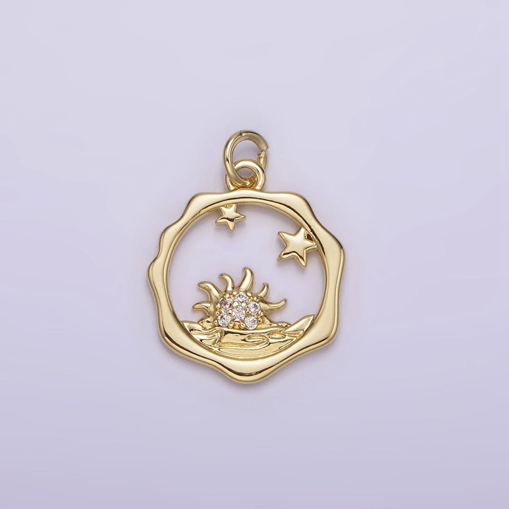 14K Gold plated Frame Micro Paved CZ Celestial Stars Sun Set Sea Open Wavy Round Charm | AG218 - DLUXCA