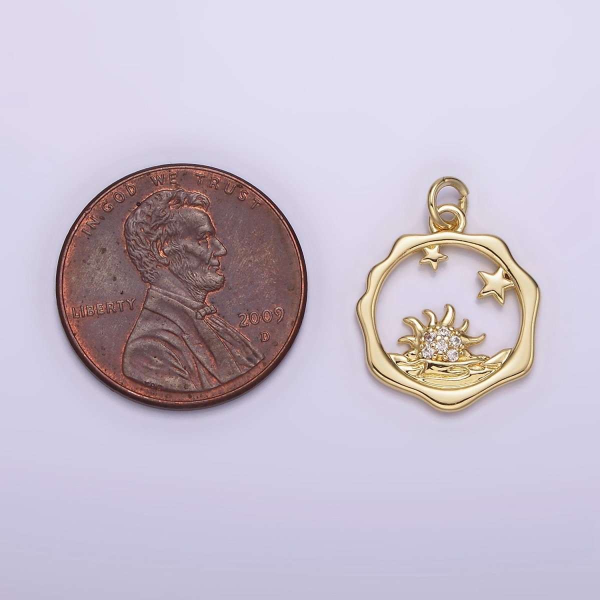 14K Gold plated Frame Micro Paved CZ Celestial Stars Sun Set Sea Open Wavy Round Charm | AG218 - DLUXCA