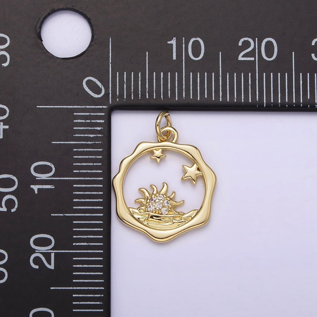 14K Gold plated Frame Micro Paved CZ Celestial Stars Sun Set Sea Open Wavy Round Charm | AG218 - DLUXCA