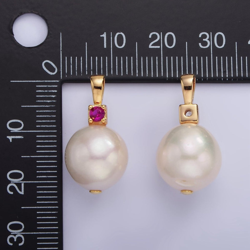 14K Gold plated Freshwater Pearl Button Fuchsia, Green, Clear CZ Pendant | P1694 P1695
