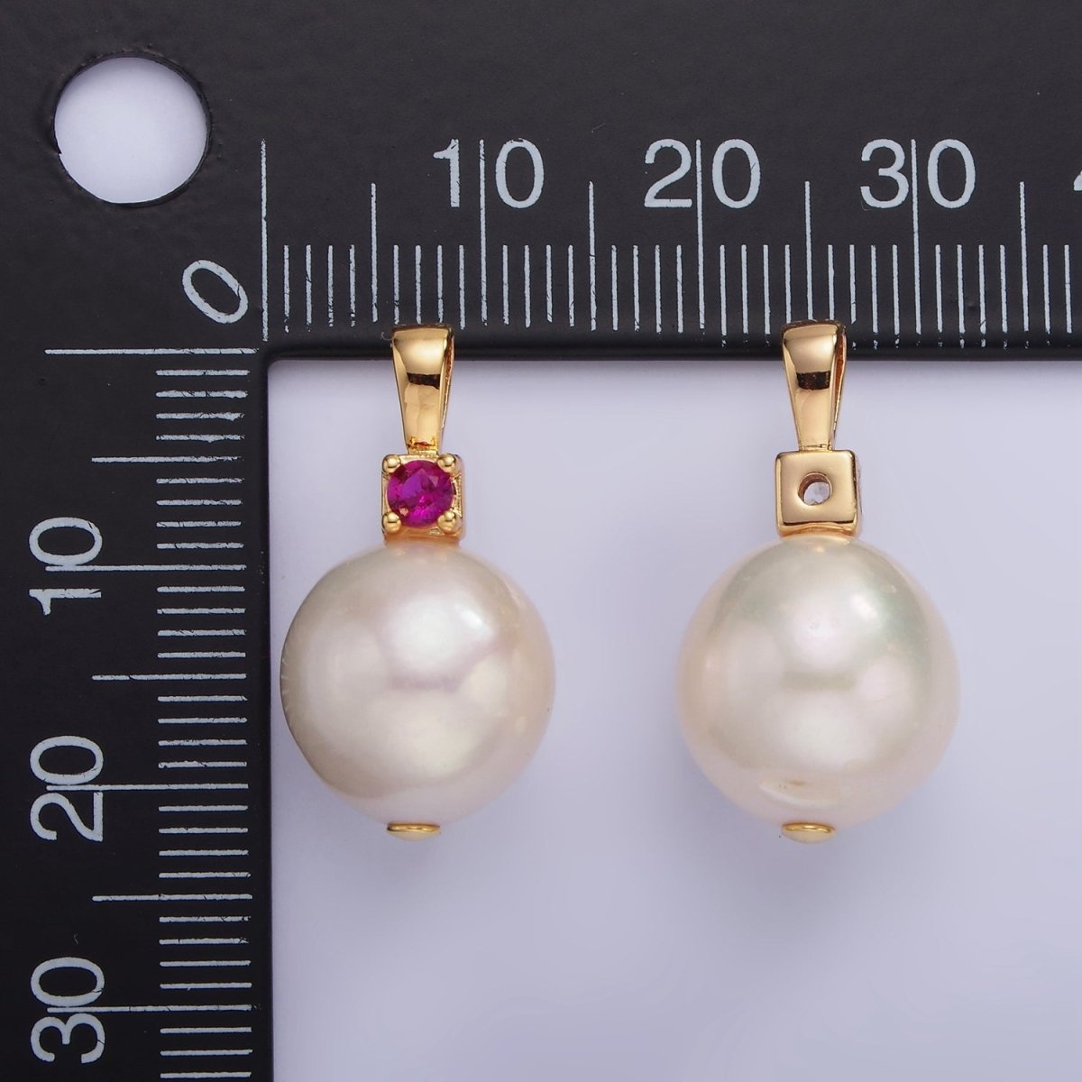14K Gold plated Freshwater Pearl Button Fuchsia, Green, Clear CZ Pendant | P1694 P1695