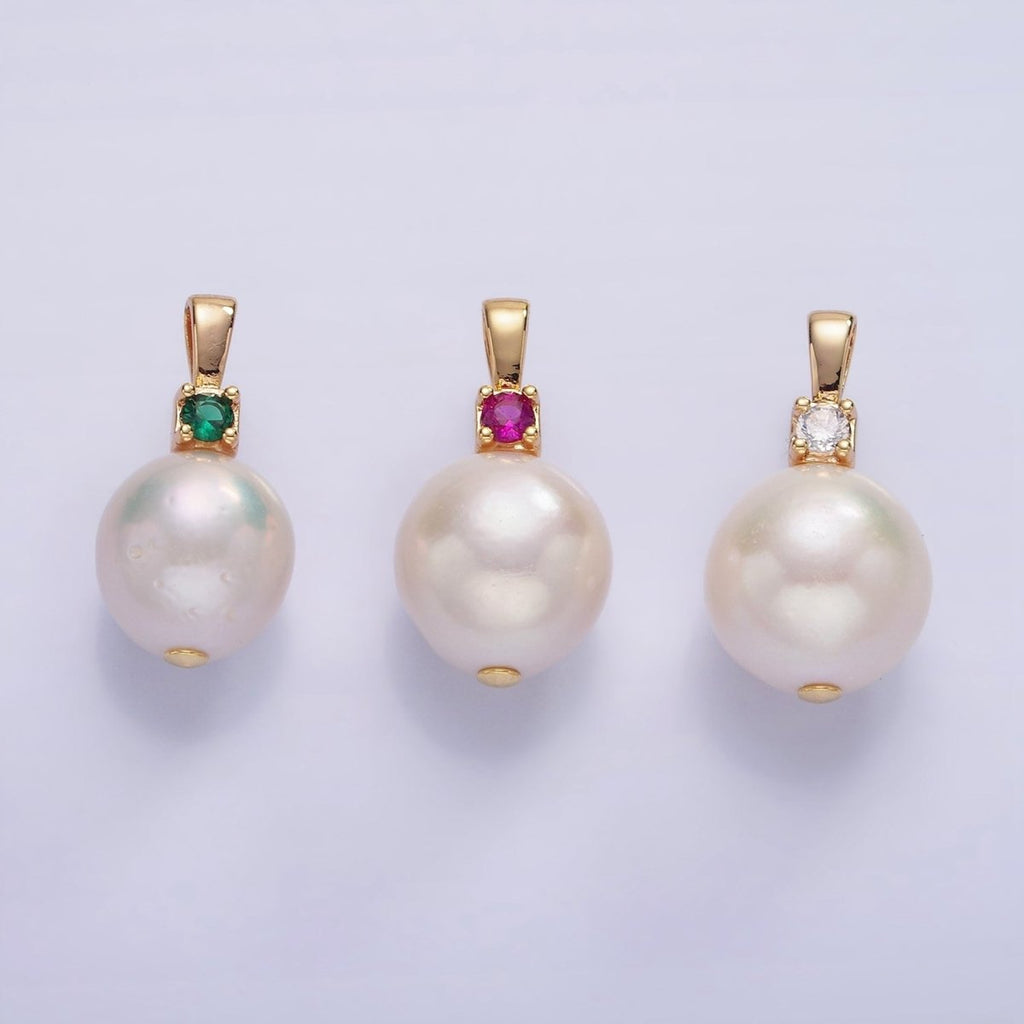 14K Gold plated Freshwater Pearl Button Fuchsia, Green, Clear CZ Pendant | P1694 P1695