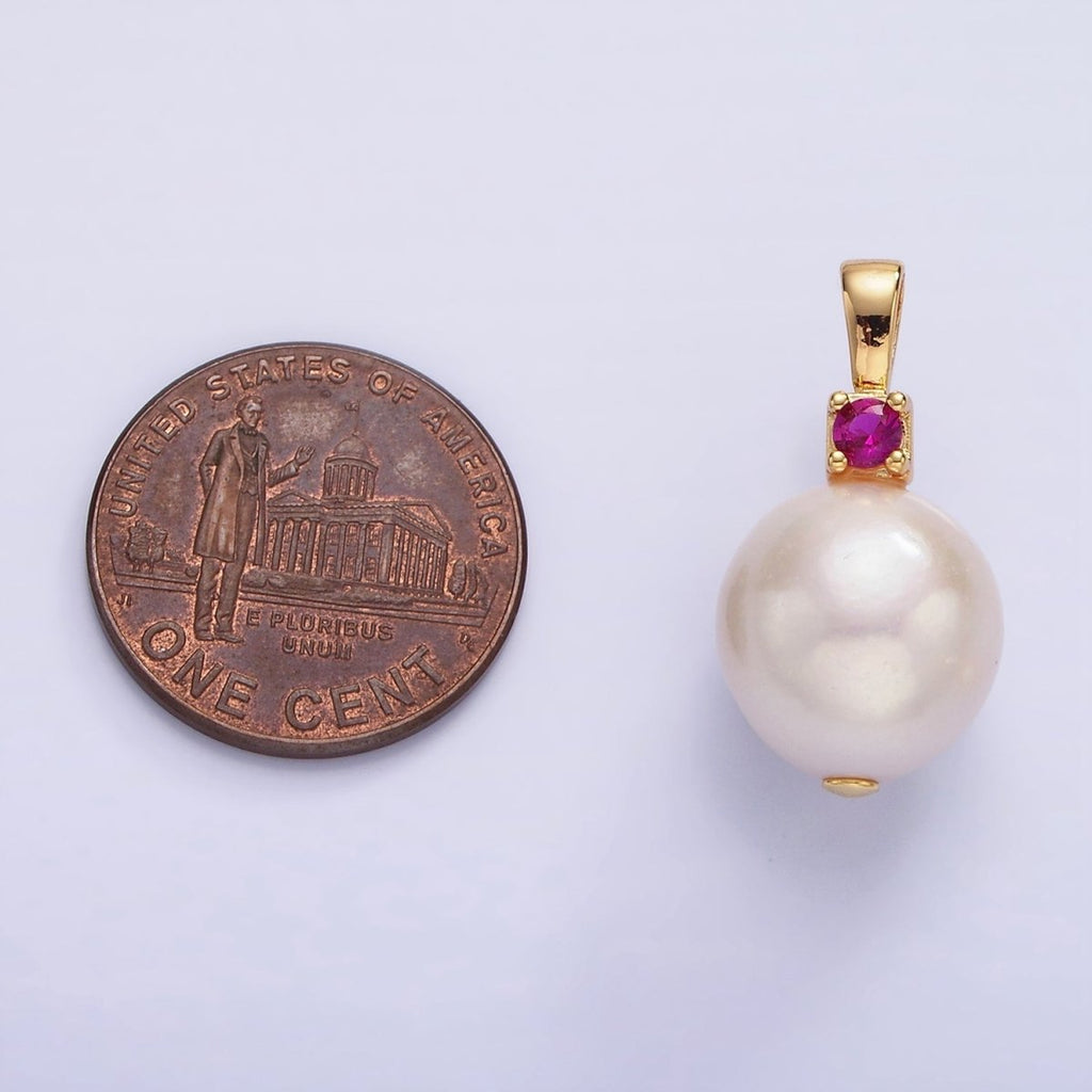 14K Gold plated Freshwater Pearl Button Fuchsia, Green, Clear CZ Pendant | P1694 P1695
