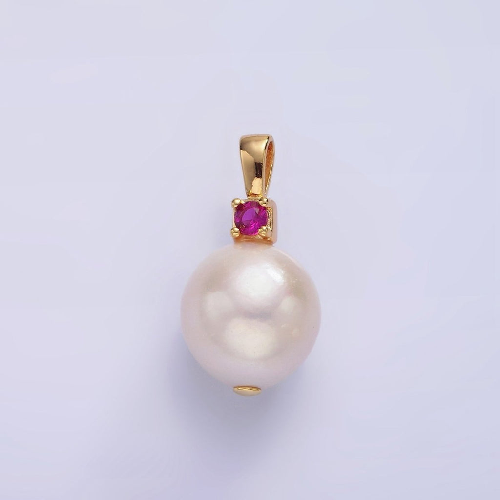 14K Gold plated Freshwater Pearl Button Fuchsia, Green, Clear CZ Pendant | P1694 P1695